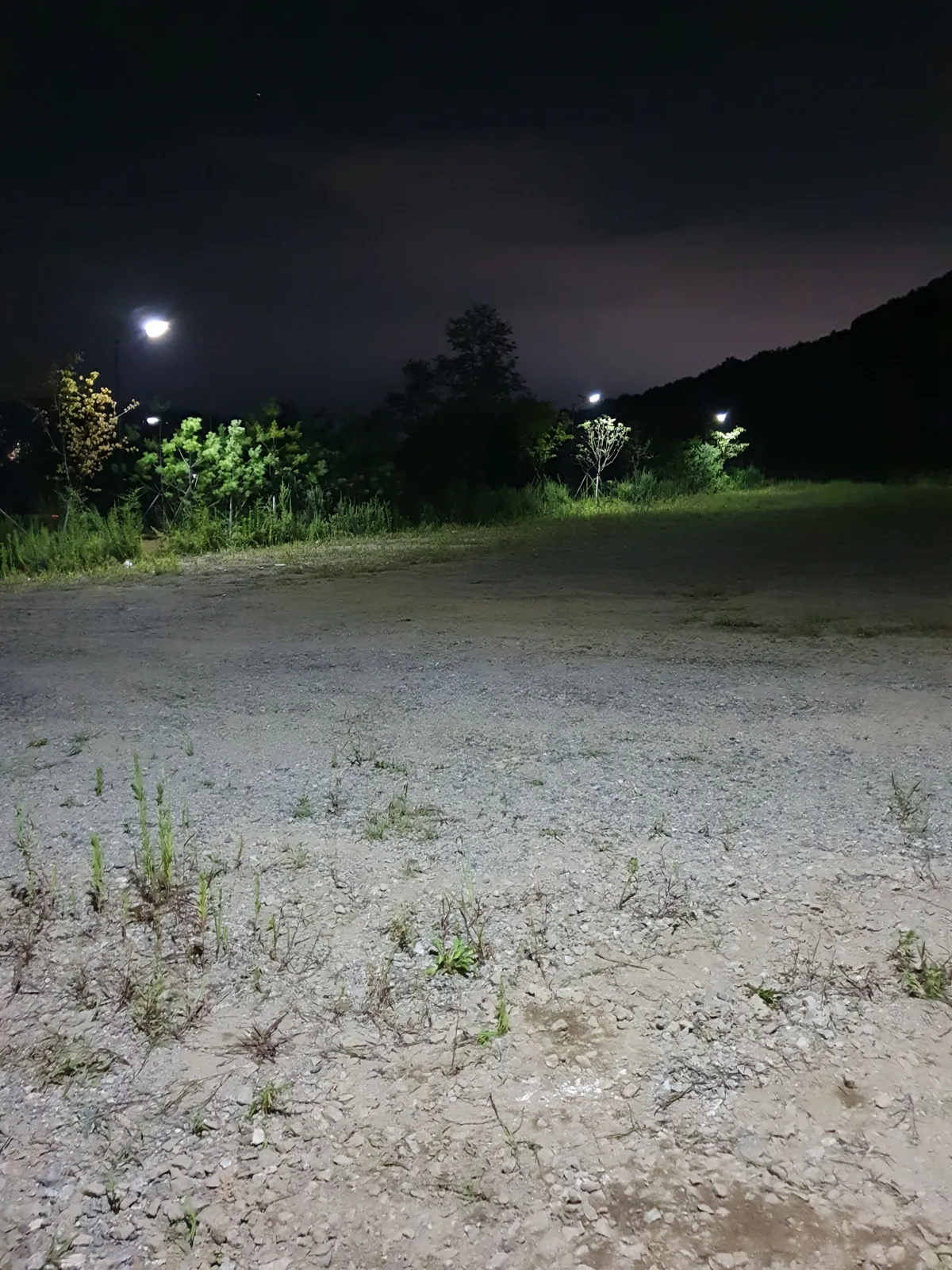 태양광 가로등 설치 — 밤에 불이 켜진 가로등이 비추는 공터